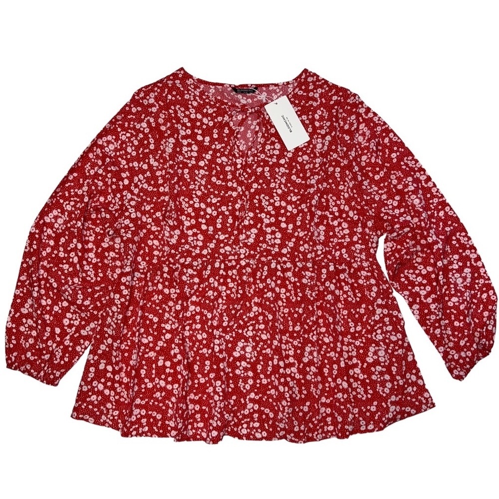 BloomChic Red Ditsy Floral Knot Neck Elastic Cuffs Blouse Size 26 NWT